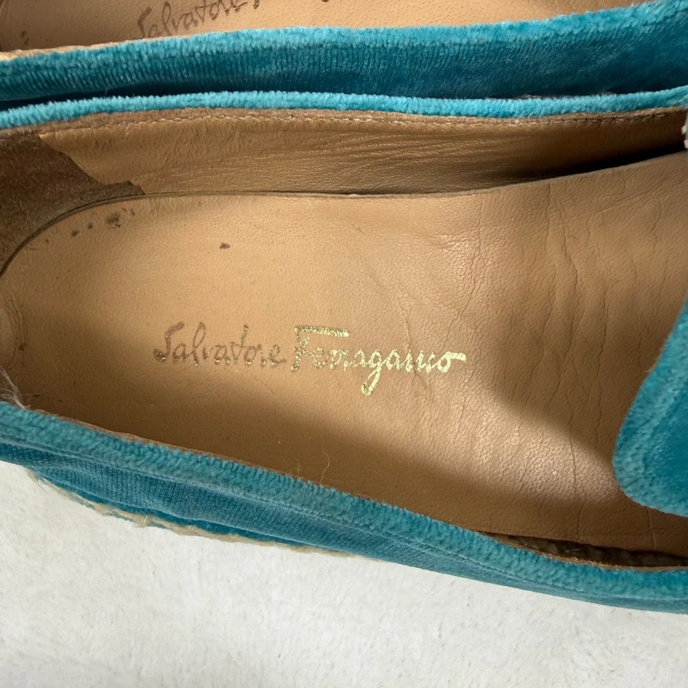 Salvatore Ferragamo Teal Velvet Espadrille‎ Loafers Gold Buckle Italy EU 28 0W